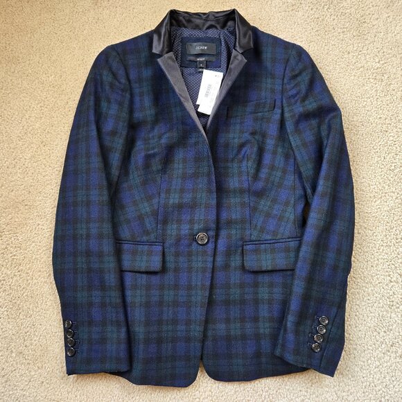 NWT J. Crew Regent Blazer 100% Wool Blackwatch Plaid with Satin Lapels size 0 - Picture 1 of 12